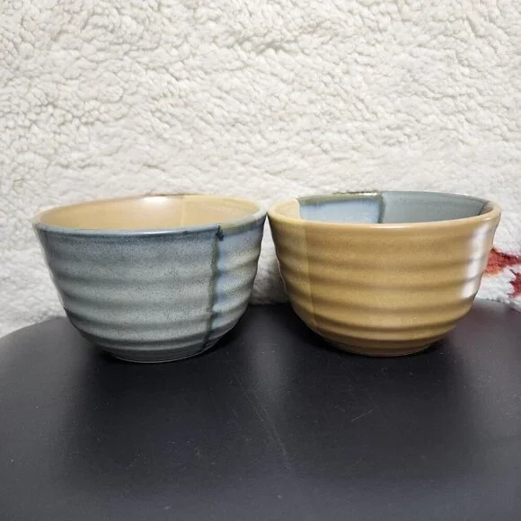 Vintage Sango Gold Dust Green 5040 5" Ice Cream Bowls Mixing Textured Set of 2 - Picture 5 of 6